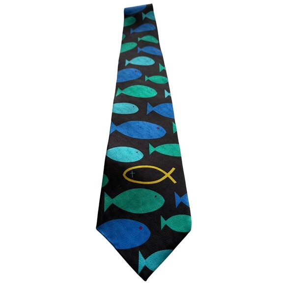 Ralph Marlin Style AGAINST THE CURRENT Jesus Fish Christian Men’s Silk Tie Vinta - Picture 1 of 3